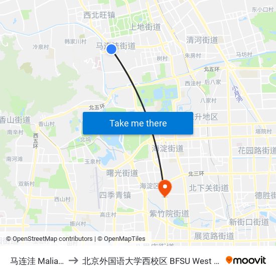 马连洼 Malianwa to 北京外国语大学西校区 BFSU West Campus map