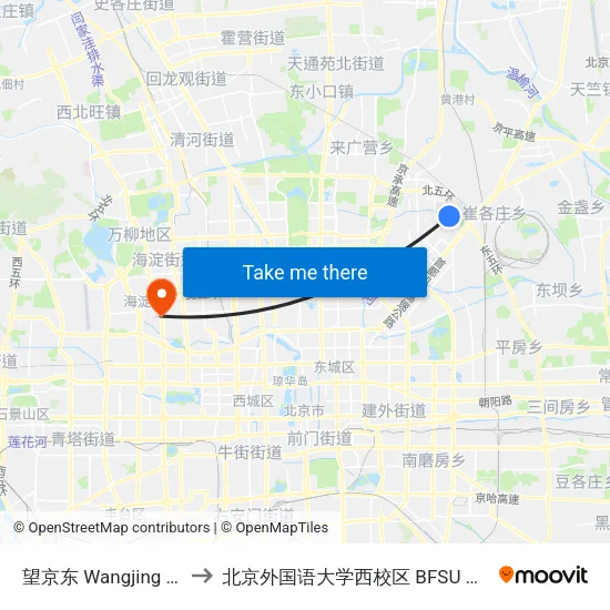 望京东 Wangjing Dong (E) to 北京外国语大学西校区 BFSU West Campus map