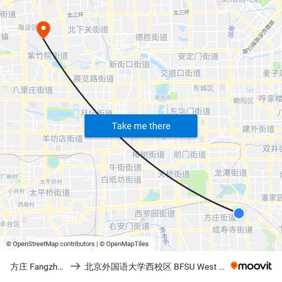 方庄 Fangzhuang to 北京外国语大学西校区 BFSU West Campus map