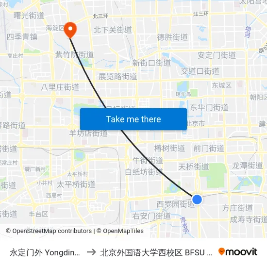 永定门外 Yongdingmen Wai to 北京外国语大学西校区 BFSU West Campus map