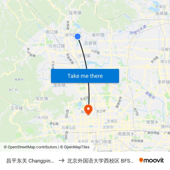 昌平东关 Changping Dongguan to 北京外国语大学西校区 BFSU West Campus map