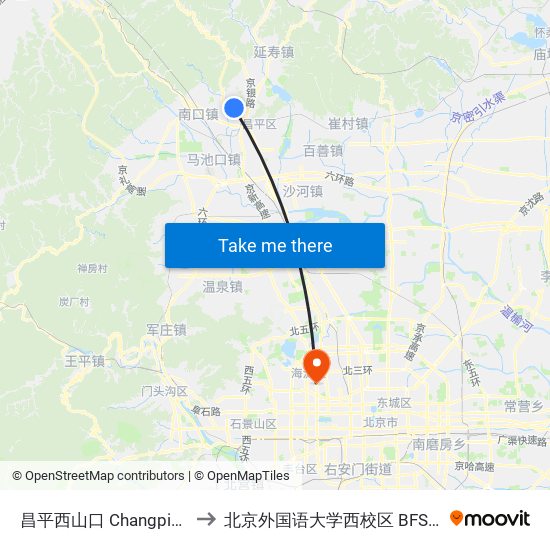 昌平西山口 Changping Xishankou to 北京外国语大学西校区 BFSU West Campus map
