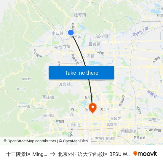 十三陵景区 Ming Tombs to 北京外国语大学西校区 BFSU West Campus map