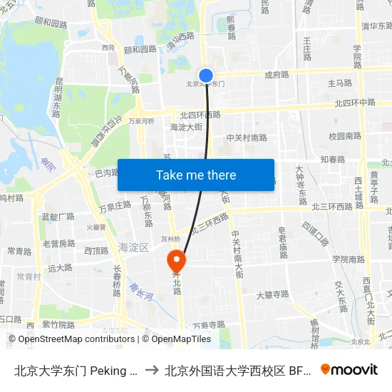 北京大学东门 Peking Univ.East Gate to 北京外国语大学西校区 BFSU West Campus map