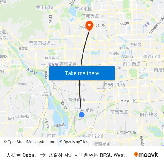 大葆台 Dabaotai to 北京外国语大学西校区 BFSU West Campus map