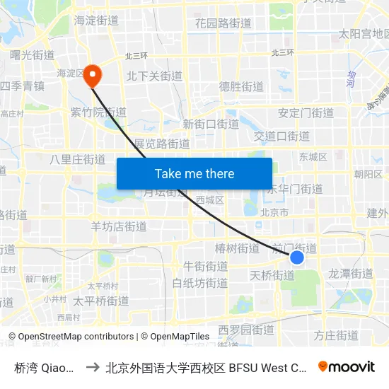 桥湾 Qiaowan to 北京外国语大学西校区 BFSU West Campus map