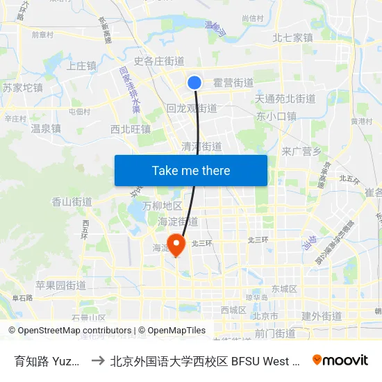 育知路 Yuzhi Lu to 北京外国语大学西校区 BFSU West Campus map