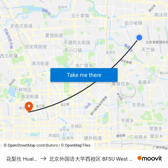 花梨坎 Hualikan to 北京外国语大学西校区 BFSU West Campus map
