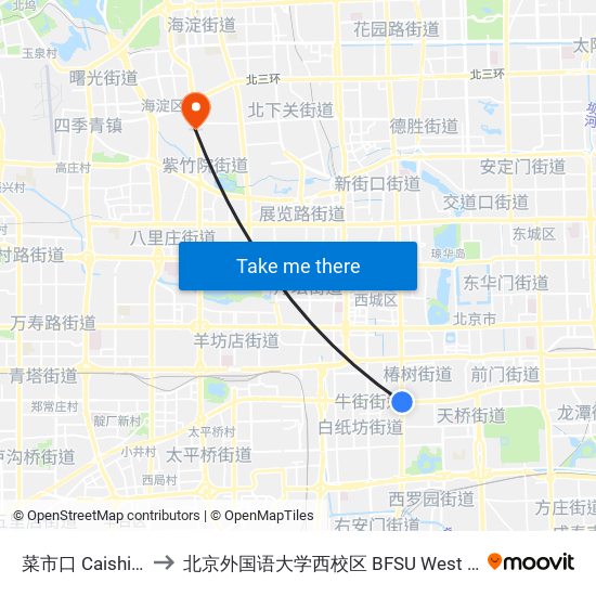 菜市口 Caishi Kou to 北京外国语大学西校区 BFSU West Campus map