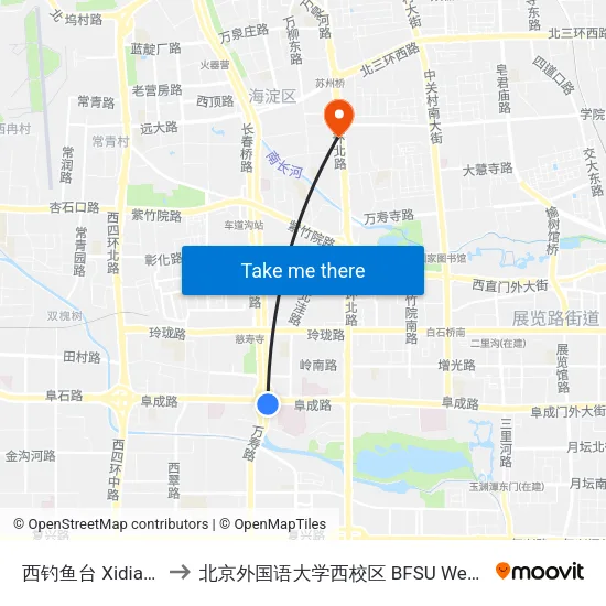 西钓鱼台 Xidiaoyutai to 北京外国语大学西校区 BFSU West Campus map