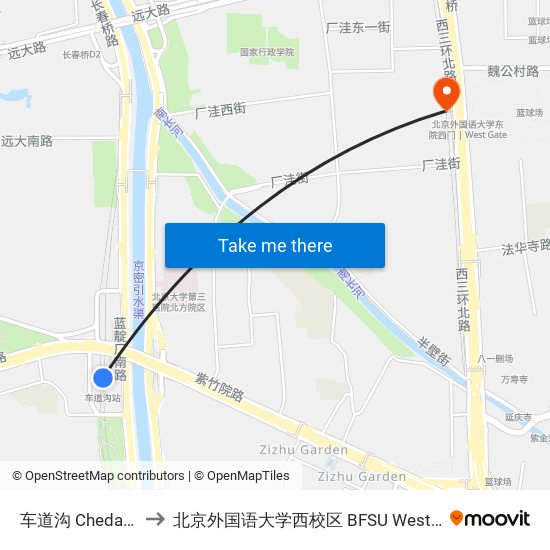 车道沟 Chedaogou to 北京外国语大学西校区 BFSU West Campus map