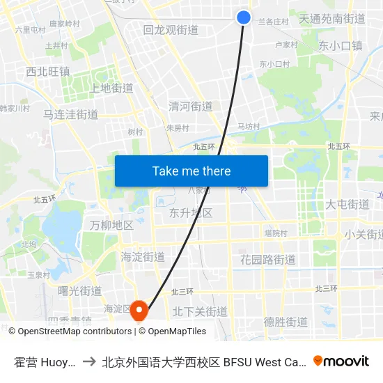 霍营 Huoying to 北京外国语大学西校区 BFSU West Campus map