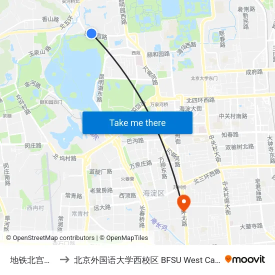 地铁北宫门站 to 北京外国语大学西校区 BFSU West Campus map