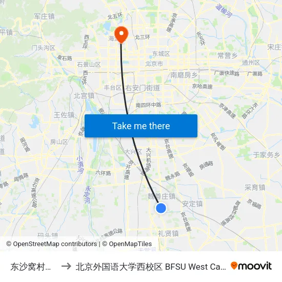 东沙窝村路口 to 北京外国语大学西校区 BFSU West Campus map