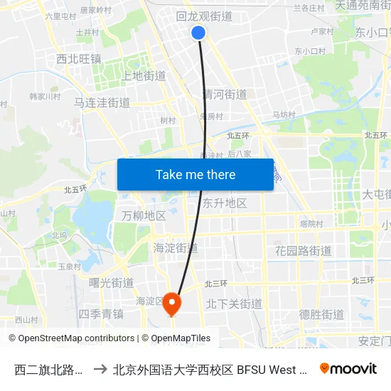 西二旗北路东口 to 北京外国语大学西校区 BFSU West Campus map