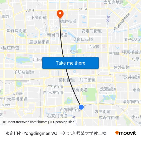 永定门外 Yongdingmen Wai to 北京师范大学教二楼 map