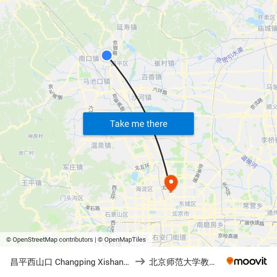 昌平西山口 Changping Xishankou to 北京师范大学教二楼 map