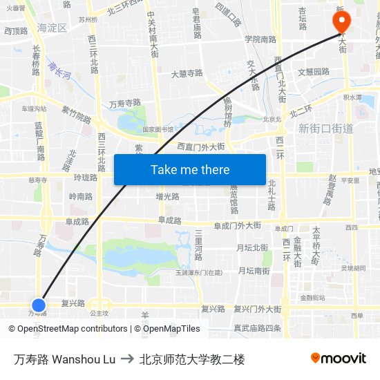 万寿路 Wanshou Lu to 北京师范大学教二楼 map