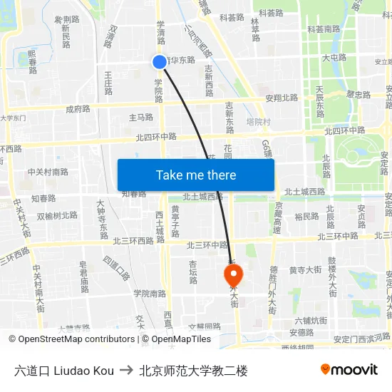 六道口 Liudao Kou to 北京师范大学教二楼 map
