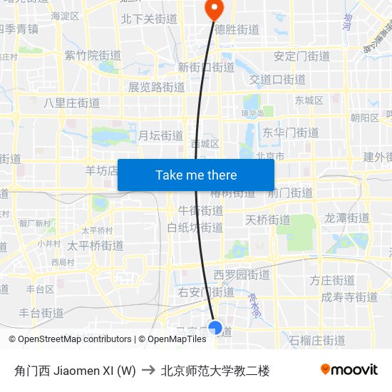 角门西 Jiaomen XI (W) to 北京师范大学教二楼 map
