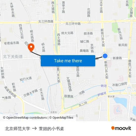 北京师范大学 to 萱妞的小书桌 map
