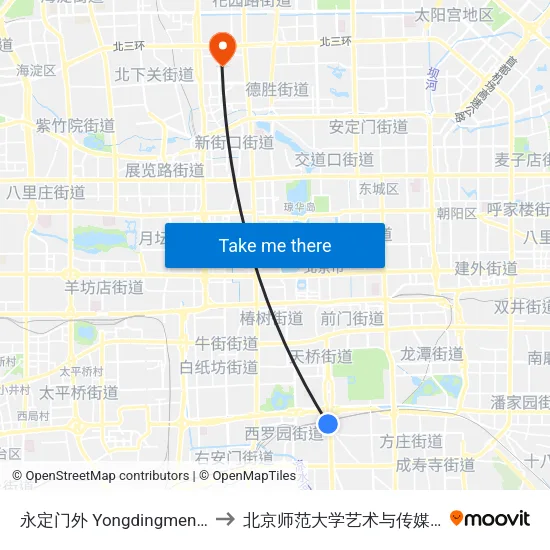 永定门外 Yongdingmen Wai to 北京师范大学艺术与传媒学院 map