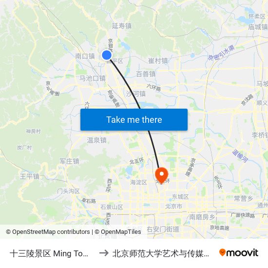 十三陵景区 Ming Tombs to 北京师范大学艺术与传媒学院 map