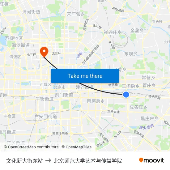 文化新大街东站 to 北京师范大学艺术与传媒学院 map