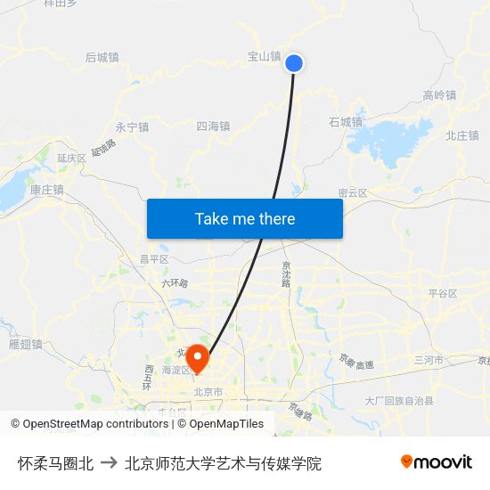 怀柔马圈北 to 北京师范大学艺术与传媒学院 map