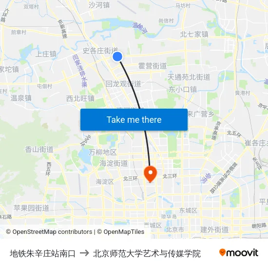 地铁朱辛庄站南口 to 北京师范大学艺术与传媒学院 map
