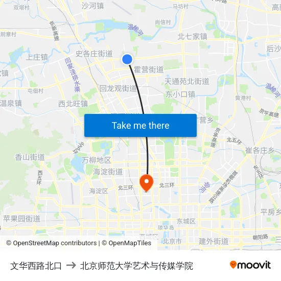 文华西路北口 to 北京师范大学艺术与传媒学院 map