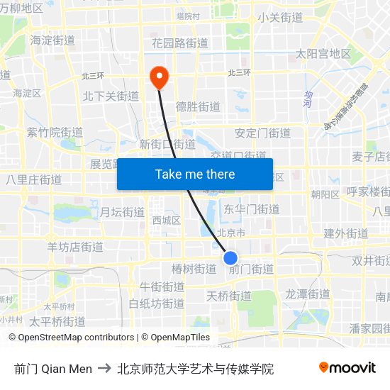 前门 Qian Men to 北京师范大学艺术与传媒学院 map