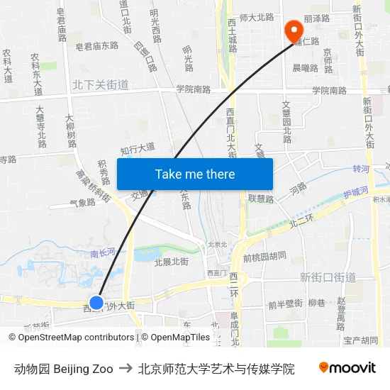 动物园 Beijing Zoo to 北京师范大学艺术与传媒学院 map
