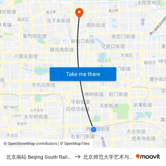 北京南站 Beijing South Railway Station to 北京师范大学艺术与传媒学院 map
