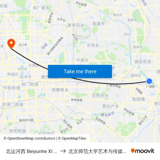 北运河西 Beiyunhe XI (W) to 北京师范大学艺术与传媒学院 map