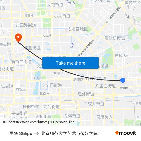 十里堡 Shilipu to 北京师范大学艺术与传媒学院 map