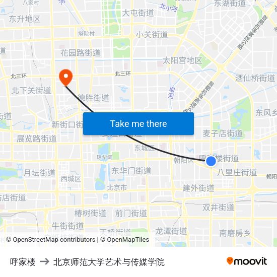 呼家楼 to 北京师范大学艺术与传媒学院 map