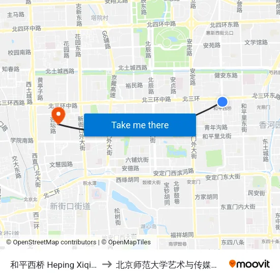 和平西桥 Heping Xiqiao to 北京师范大学艺术与传媒学院 map