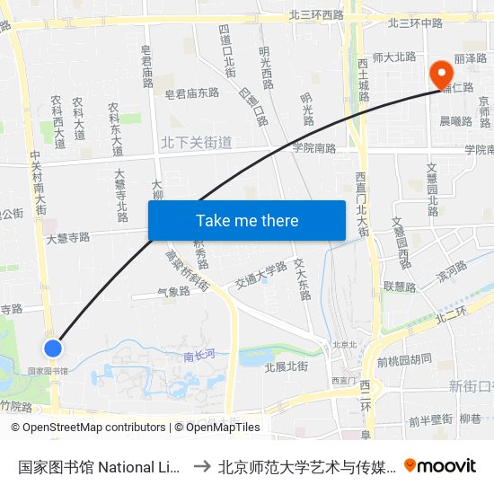 国家图书馆 National Library to 北京师范大学艺术与传媒学院 map