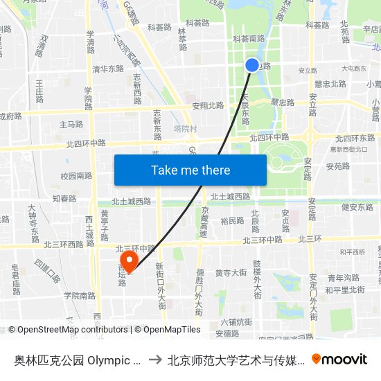 奥林匹克公园 Olympic Park to 北京师范大学艺术与传媒学院 map