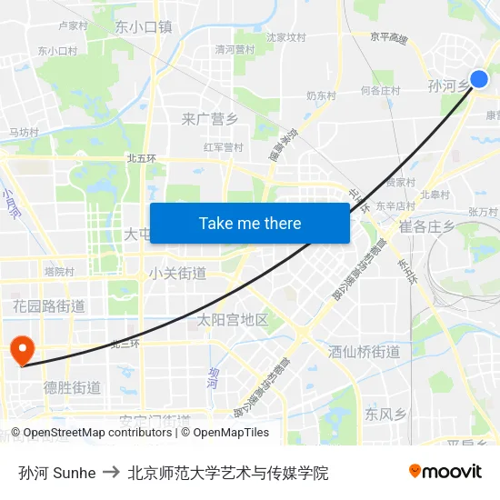 孙河 Sunhe to 北京师范大学艺术与传媒学院 map