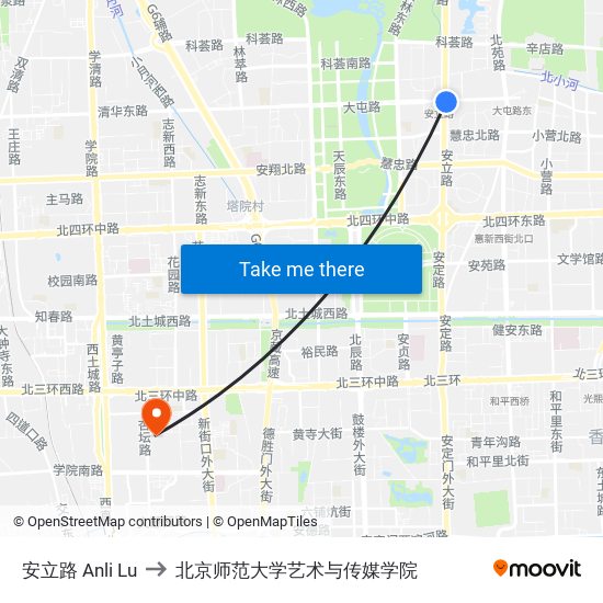 安立路 Anli Lu to 北京师范大学艺术与传媒学院 map