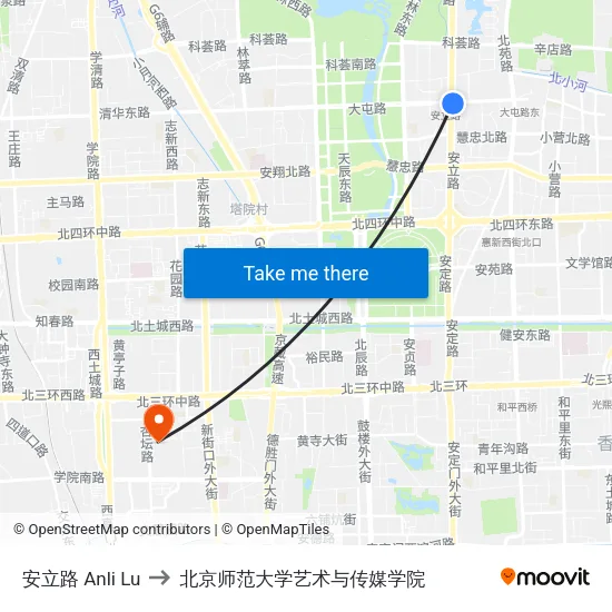 安立路 Anli Lu to 北京师范大学艺术与传媒学院 map