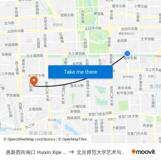 惠新西街南口 Huixin Xijie Nankou to 北京师范大学艺术与传媒学院 map