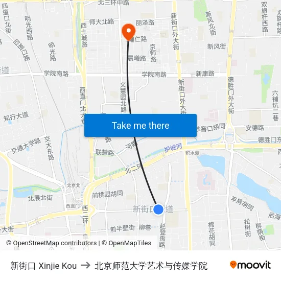 新街口 Xinjie Kou to 北京师范大学艺术与传媒学院 map