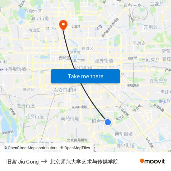 旧宫 Jiu Gong to 北京师范大学艺术与传媒学院 map