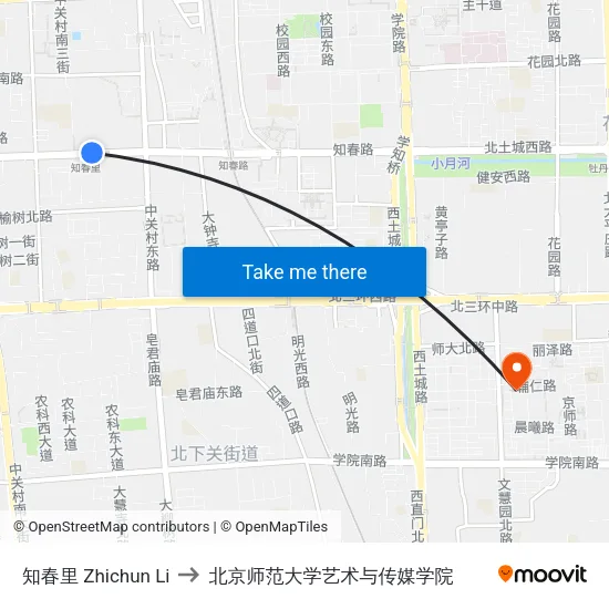 知春里 Zhichun Li to 北京师范大学艺术与传媒学院 map