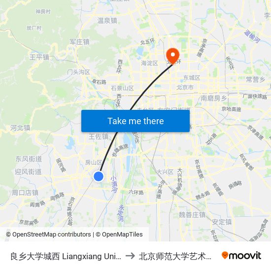 良乡大学城西 Liangxiang Univ. Town West to 北京师范大学艺术与传媒学院 map