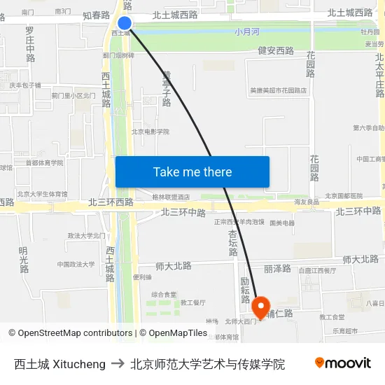 西土城 Xitucheng to 北京师范大学艺术与传媒学院 map