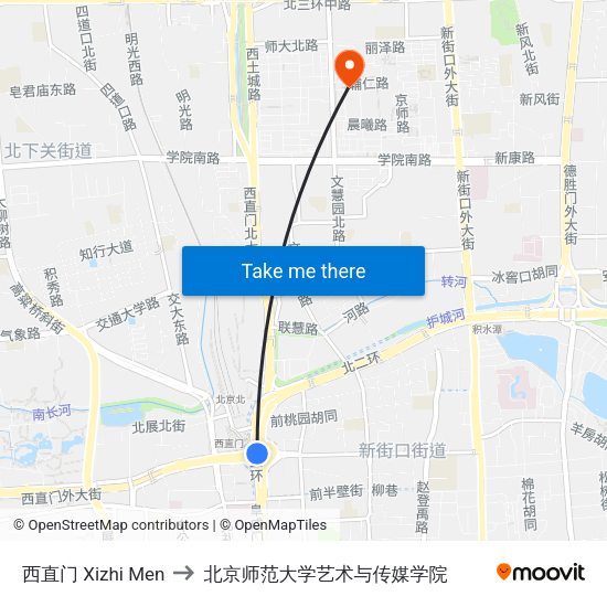 西直门 Xizhi Men to 北京师范大学艺术与传媒学院 map